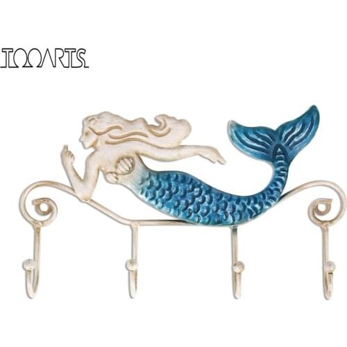 Tooarts Iron Mermaid Wall Hanger Wall Hook 4 Hooks for Coats Towels Bags Wall Mount Clothes Holder Key Rack Holder for Bathroom