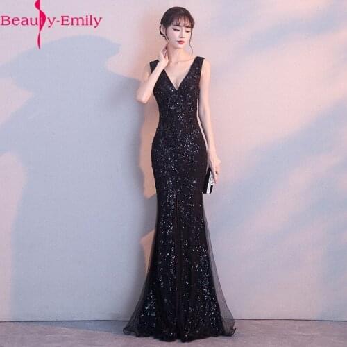 Romantic V Neck Shiny Sequined Mermaid Evening Dress 2020 New Arrival Tulle Zipper Back Sleeveless Formal Party Dresses