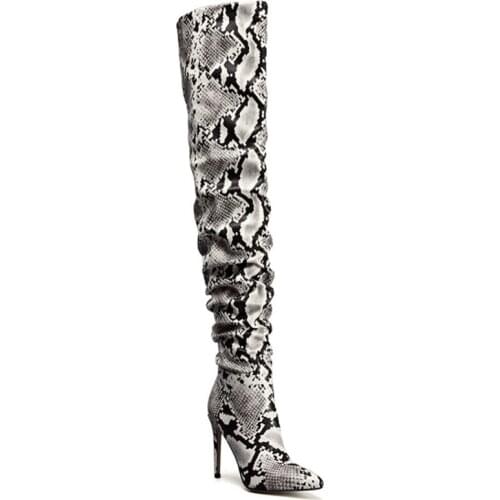 Sepatu Wanita Fashion Autumn Woman Over The Knee Boots Python Skin Pointed Toe Shoes High Heels Party Dress Night Club Shoes
