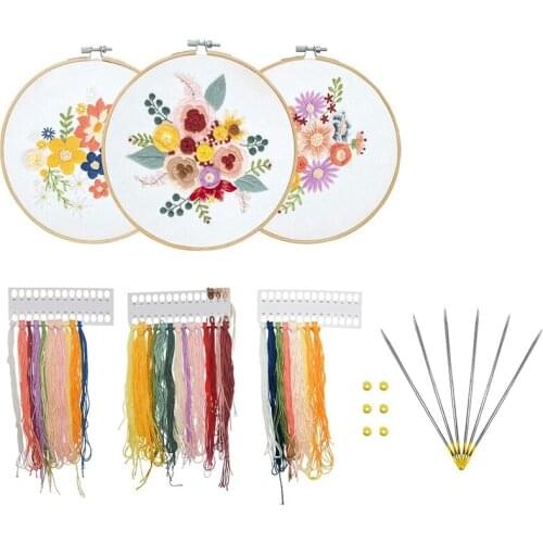 Embroidery Starter Set 3 Pieces, Suitable for Beginnerscross Stitch Set Includes Clothes with Floral Patterns