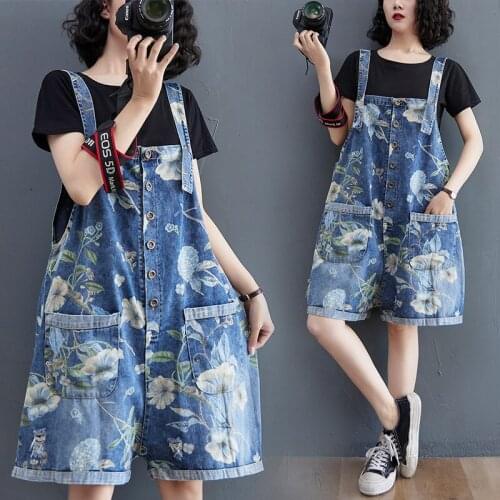Loose Five-Point Straight Wide-Leg Pants Women Summer New Fashion Printed Denim Overalls Women