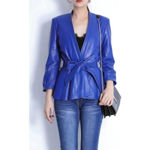 Genuine Leather Clothing 2021 Spring Womens V-neck Bow Belt Short Thin Coat Jacket Mujer Sheepskin Blue/Black Slim Fit Casaco
