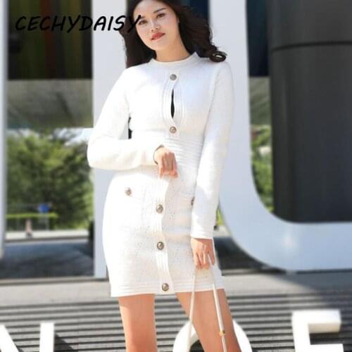 Women Sweater Clothes Dress Christmas Sexy Hollow Out Button Up High Waist Elegant Lady Party Bodycon Dresses Femme Robe Vestido