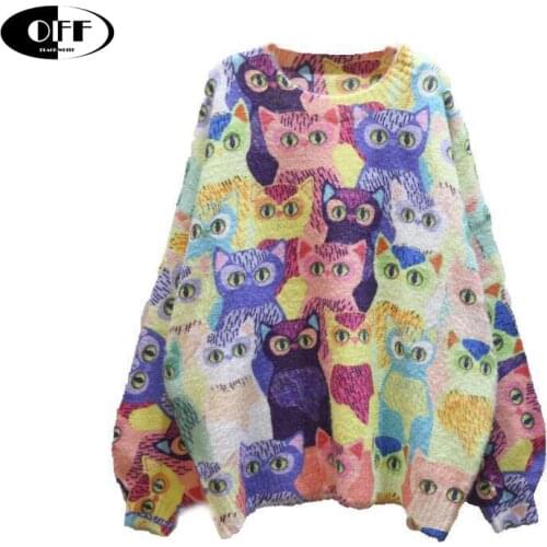 Spring Autumn cat Cartoon knit Sweater Women casual Print Knitting Pullover Long sleeve Loose oversized Tops Female Sweaters ZA