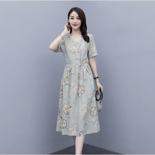 Medium Dress Length Cotton Linen Dress Summer 2021 Women Leisure Goddess Long Floral Dress Female Short Sleeve Printed Dress