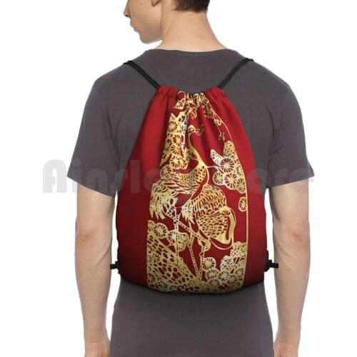 Golden Bird In Red Backpack Drawstring Bags Gym Bag Waterproof Golden Bird Red Gold Amazing Cool Original Modern Home