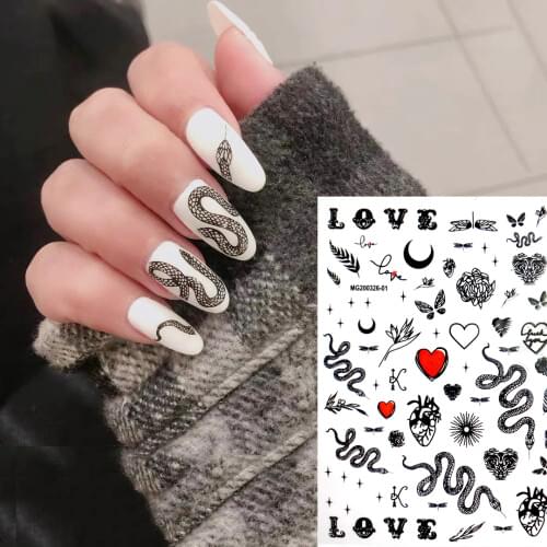 1pcs black white Snake Design 3D Nail Sticker red heart plants Pattern self-Adhesive Nail Decal Decoration Accessories 2020 new