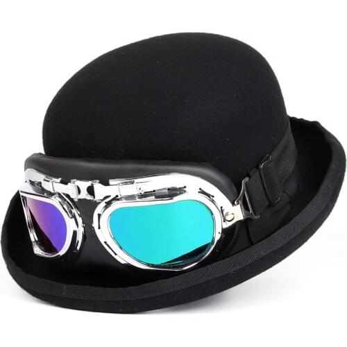 100% Wool Bowler Hat Women Men Crushable Steampunk Shower Cosplayl Billycock Groom Hats With Windproof Glasses 4 Size
