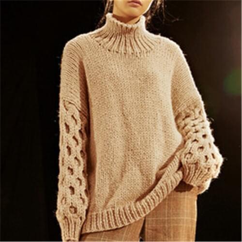 100% hand made wool thick knit women fashion loose turtleneck lantern sleeve pullover sweater one&over size