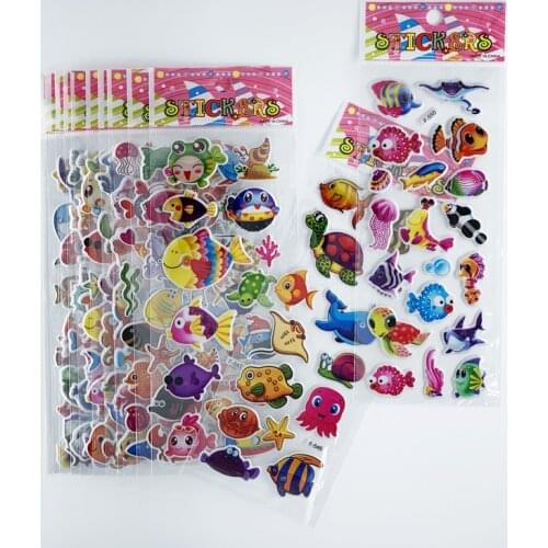 12 Sheets/Set 3D Cartoon Marine Fish Sticker Kids Toys Bubble DIY Reward PVC Stickers Birthday Gift