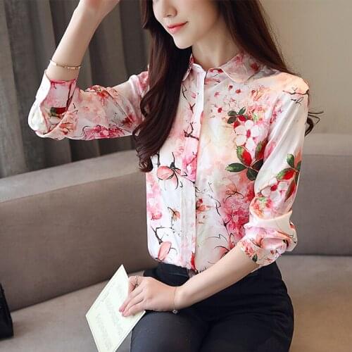 Button Flowers Blouse 2021 Autumn New Chiffon Shirt ladies Long sleeve satin shirt fashion Printed Loose Blouse shirt 621A