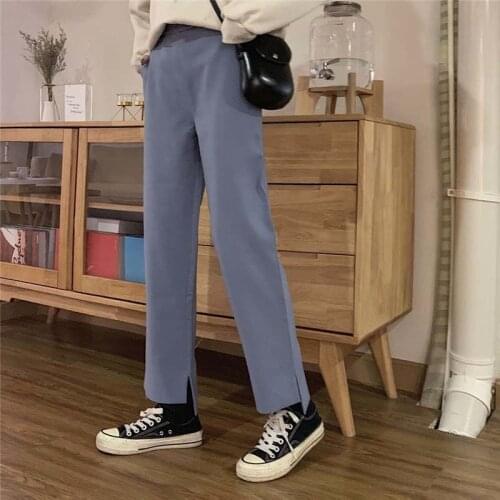 Pants Women Summer Ladies Harajuku Trouser Side-slit All-match Solid Popular Students Trendy Baggy Straight Elastic Waist Pant