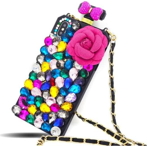 Bling Diamond Camellia Flower Perfume Bottle Long Chain Case Cover For Samsung Galaxy Note 20 10 9 8 S21 S20 Ultra S10E/9/8 Plus
