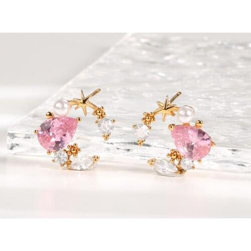 Classic Round Pink Green Crystal Stud Earrings Simple Colorful Flower Earrings Brincos Charm Geometric Jewelry Gifts for Girls