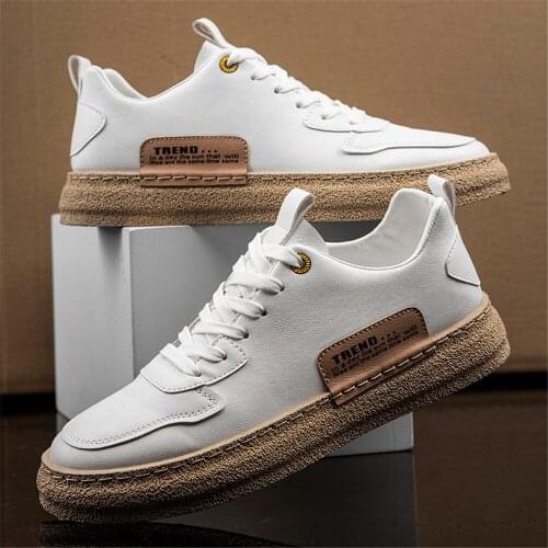 Leather Mens Platform Sneakers White Student Flat Shoes Outdoor Walking Breathable Fashion Sports Casual Vulcanized Shoes