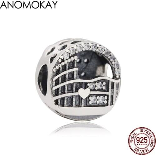 Anomokay Antique Silver Openwork Colosseum Charm for DIY Jewelry Real 925 Silver Round Bead Set with White Crystal