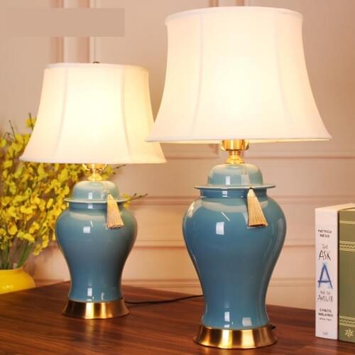 New Classical Chinese Style Table Lamp Living Room American Blue Full Copper Bedroom Bedside table Lamp Dimming Jingdezhen