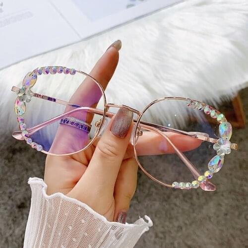 High Quality Blue Light Blocking Glasses Luxury Rhinestone Reading Glasses Anti-fatigue Eye Protection Eyeglasses Optical Lens