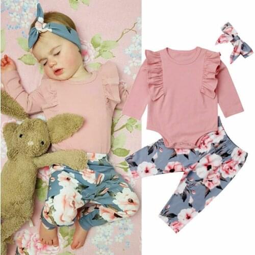 0-4Y Newborn Toddler Kids Baby Girl Long Sleeve Cotton Bodysuit Tops Floral Long Pant Headband 3PCS Outfits Girls Clothing Set