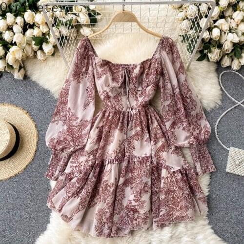 Summer Retro Print Chiffon Beach Dress Vestidos Female Square collar Backless Bubble Sleeve Elastic Waist Ruffled Mini Dress