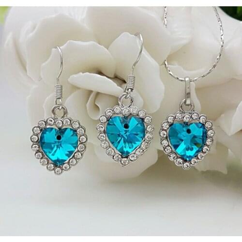 QiLeSen Fine jewelry 925 sterling silver suitable for ladies wedding set, Love crystal sea blue Necklace Earring Set YW149