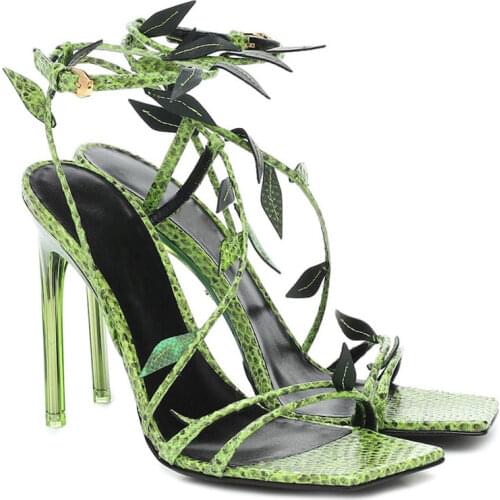 2020 Summer Sandals Women Green Serpentine Ankle Strap Square High Heels Women Shoes Fashion Party Ladies Shoes Zapatos Mujer