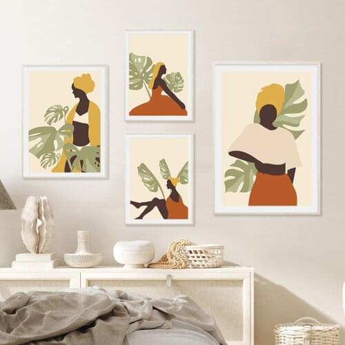 Modern Woman Portrait Poster Monstera Leaf Wall Art Prints Canvas Painting Boho Style Interior Living Room Decoration