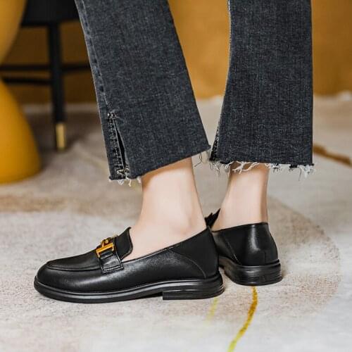 Flats Oxford Shoes for Women Womens Sabot Moccasins Loafers 2021 Slip-on Leather Casual Genuine Designer Autumn Black
