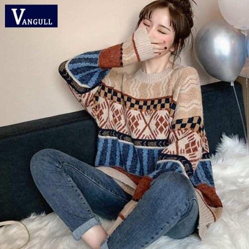 Vangull Women Winter Loose Pullover Sweater Vintage Patchwork Fashion Knitted Sweater Winter Warm England style O-neck Tops