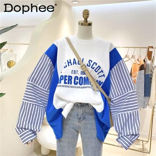 2021 Spring and Autumn All-match Stitching Striped Simple Letter Loose Long Sleeve Pullover Sweatshirt Womens Hoodie Plus Size