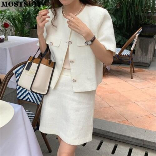 Vintage Elegant Two Piece Skirt Set Women Short Sleeve Coat + High Waist A-line Skirt Suits Korean Fashion Female 2 Piece Set