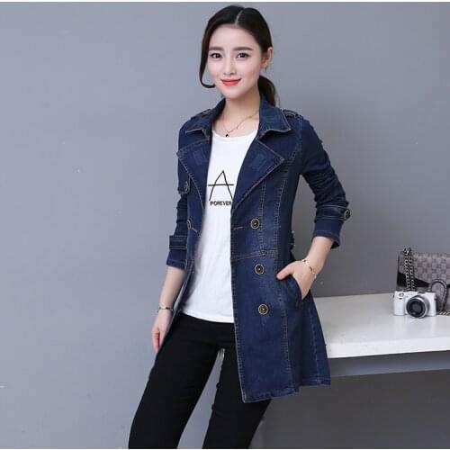 #3307 2019 Long Denim Jacket Women Double Breasted Jeans Coat Ladies Casual Slim Plus Size 3XL 4XL Windbreaker Woman With Belt