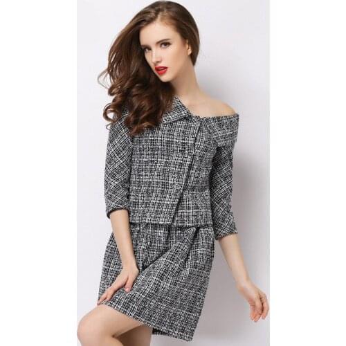 2 Piece Set High End Chic Woolen Tweed Suit Womens Spring Off the Shoulder Top and Mini Skirt Two Piece Sets Femme Vestidos