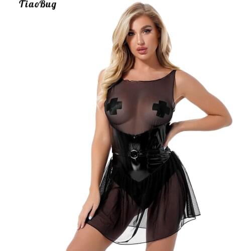 TiaoBug Women Patent Leather Patchwork Sleeveless Dress Nightclub Dance Performance Costume See-Through Mesh Dresses