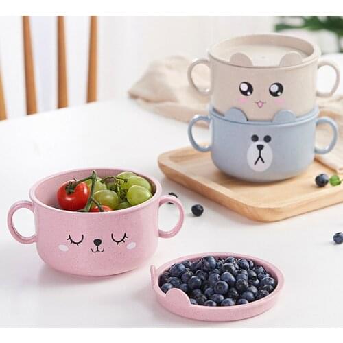 1PC Baby Cartoon Bamboo Dishes Children Food Container Placemat Infant Feeding Bowl Double Handle Eco-Friendly Kids Tableware