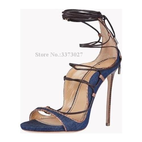 Woman Stiletto Heel Lace-up Denim Sandals Fashion Peep Toe High Heels Pumps Jean Shoes Lady Large Size Banquet Shoes Dropship