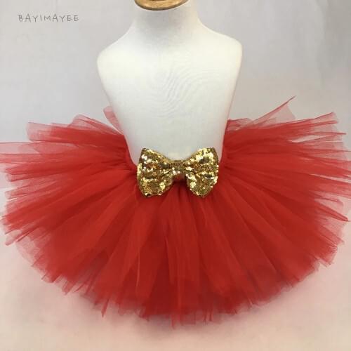 Baby Red Tutu Skirts Girls Fluffy Tulle Skirts Pettiskirts with Gold Sequin Bow Kids Birthday Party Tutus Costume Skirts Cloth