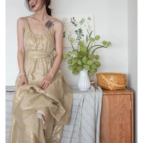 Designers Nature Cotton Ramie Foil Gold Bias Cut Strappy Belted Maxi Dress Metallic Glitter Draped Handkerchief Crepe Vacay Gown