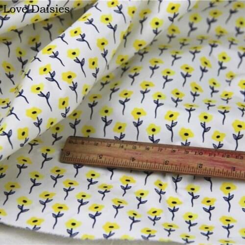 WHITE Yellow Simple Flower Floral 100% Combed Cotton Poplin Stretchy Fine fabric for Summer Clothes Shirt Dress Top Craft Quilt