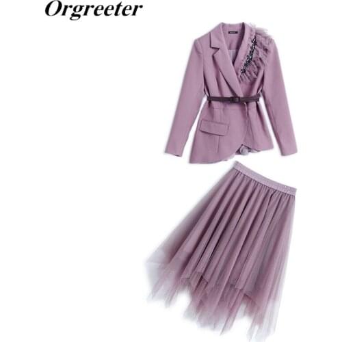 Elegant Asymmetry Design Suits Women Autumn New Diamond Deco Ruffles Belt Notched collar Blazer + Mesh Skirts 2 Piece Sets
