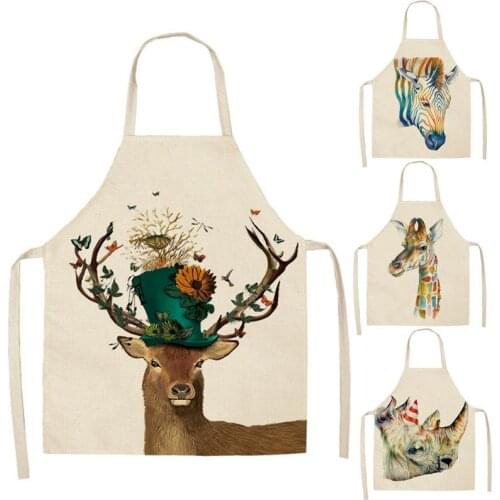 Wild Animals Printed Kitchen Aprons for Women Kids Sleeveless Cotton Linen Bibs Cooking Baking Cleaning Tools