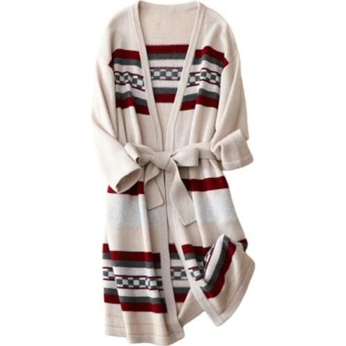 Womens Long Cardigan Autumn and Winter Cashmere Sweater Coat Fashion Color Lace-up Pure Cashmere Coat Women Print England Style