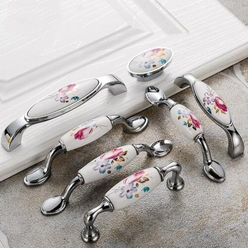 Tulip Ceramic Door Handle Silver Drawer Pulls Vintage Flower Cupboard Kitchen Cabinet Handles and Knobs Furniture Hardware