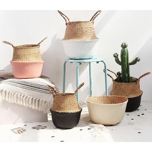 Handmade Seagrass Storage Basket Straw Basket Write Wicker Basket Storage Bag White Garden Flower Pot Planter
