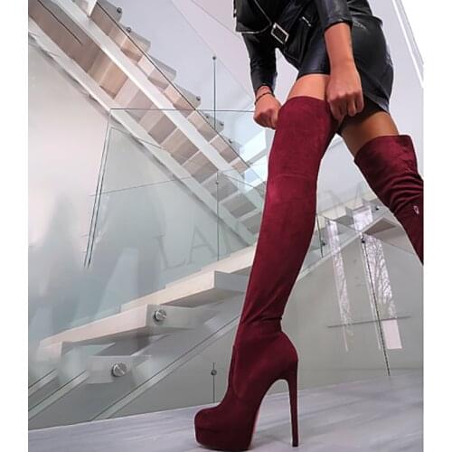 LAIGZEM Women Thigh High Boots Faux Suede Platform Boots Winter Side Zip Burgundy Over Knee Shoes Botines Mujer Large Size 34-52