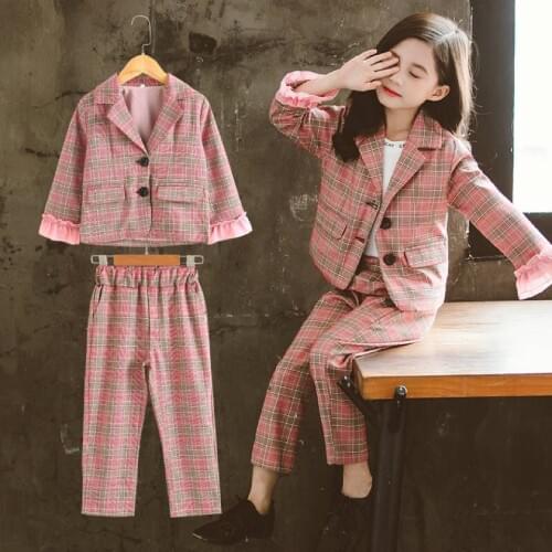 Hot Sale Girls Spring Autumn Plaid Suit Kids Girl Clothing Set Kids Casual Fashion Tops Coats+Pants 2Pieces Baby Girls Outfits