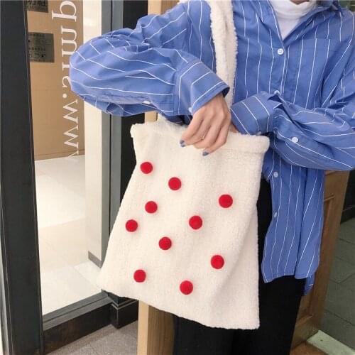 Raged Sheep Cute Fur Ball Plush Eco Shopping Tote Dot Shoulder Carrying Bag Handbag Student Portable Large Capacity Women Bags