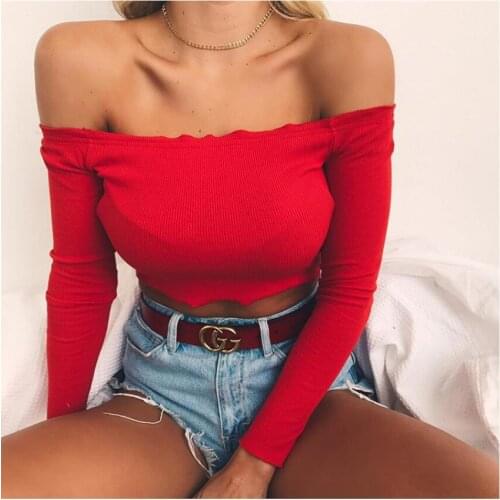 European and American Fashion Womens Wear Red Word Collar Shoulder Long Sleeve Sexy T Shirt