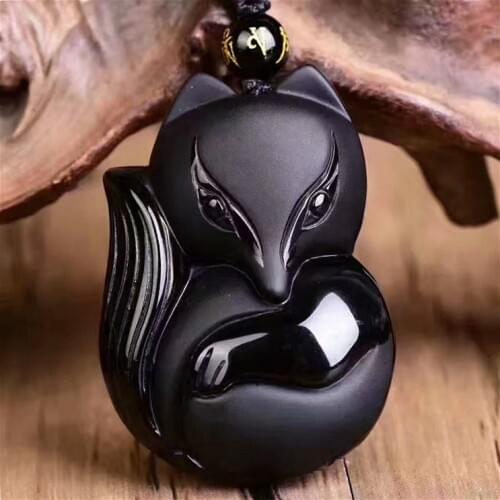 Natural Black Obsidian Fox Pendant Beads Necklace Fashion Charm Jewellery Hand-Carved Lucky Amulet Gifts for Her Women Men