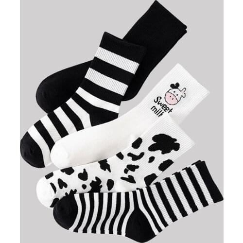 5 Pair Fashion Cartoons Cow Print Women Socks Cotton Cycling Long Keep Warm Kawaii Designer Socks Set Leg Warmers Femme Socken